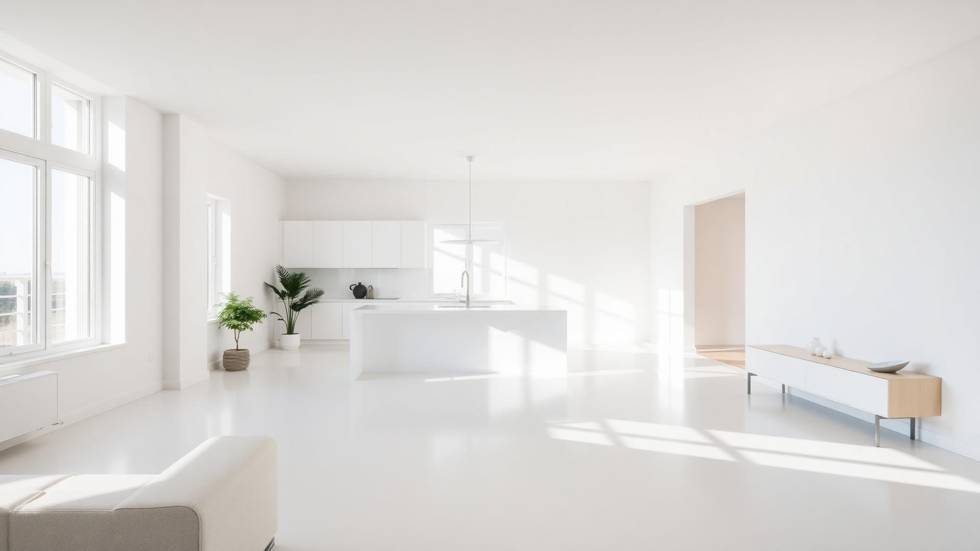 Bright, spotless modern home interior with natural sunlight
